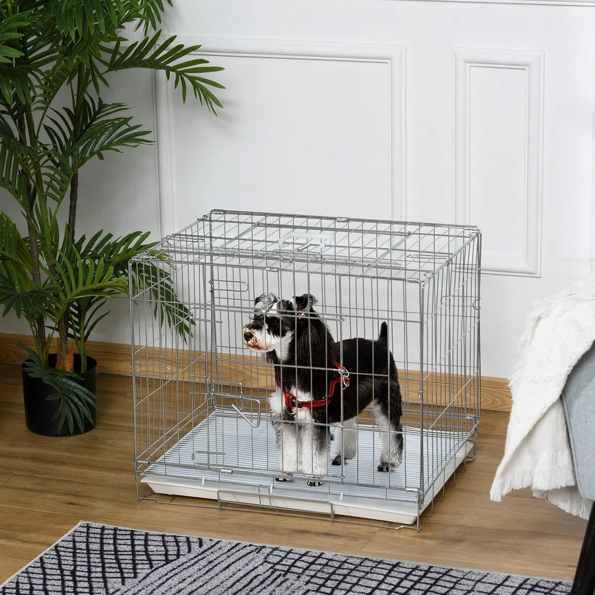 PawHut Cage pour Chien Pliable en Fil métallique avec Plateau Amovible, 1 Porte avec Serrure - 61 x 43 x 50 cm Blanc