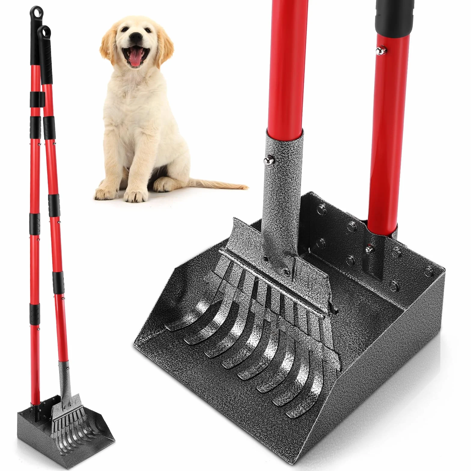 Ramasse Crotte Chien, Pelle a Crotte pour Chien en Métal, Longue Poignée en Acier Inoxydable à Utiliser sur la Cour, l'herbe, la Terre ou Le Gravier (Rouge)