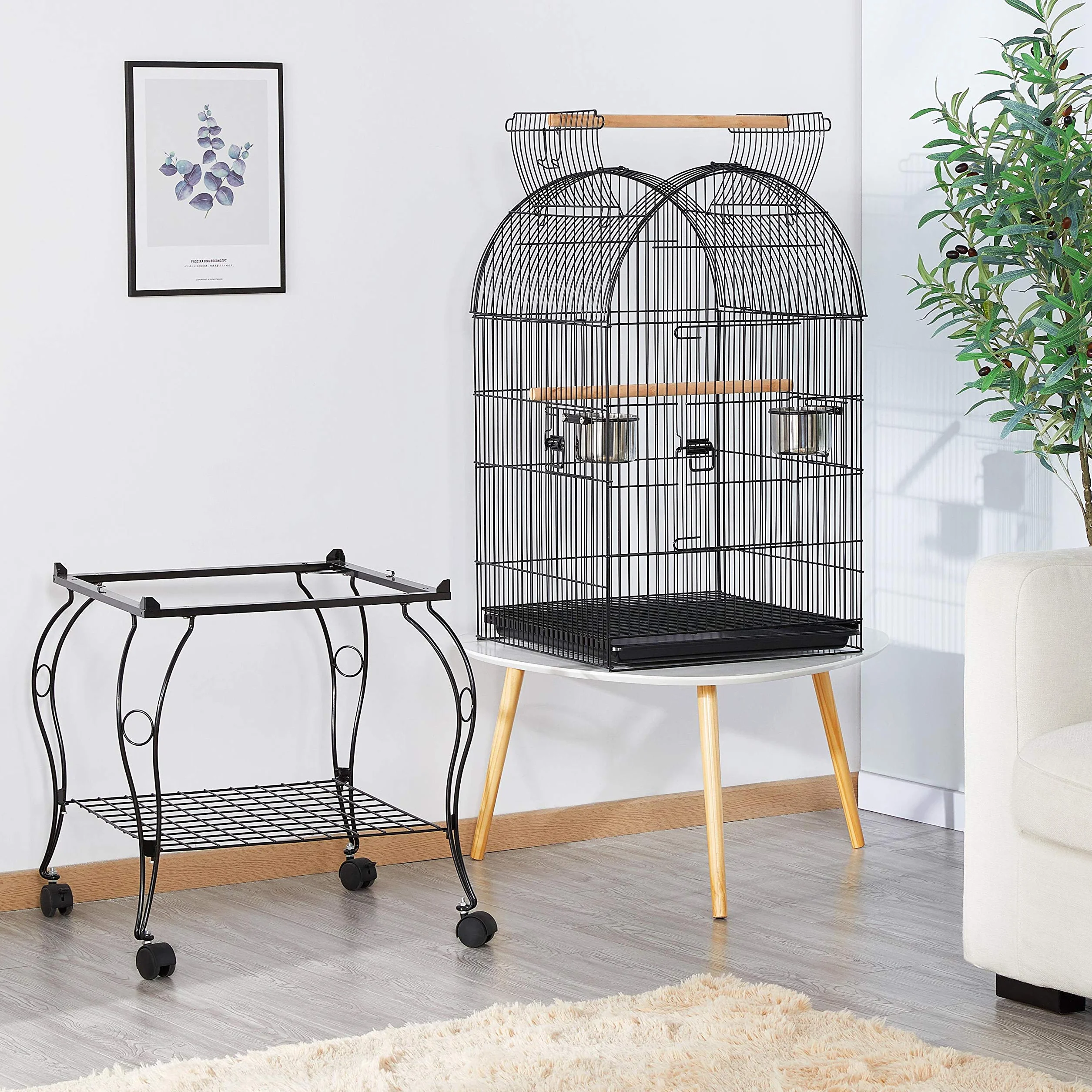 Yaheetech Cage Oiseau avec Toit Ouvert Voliere Oiseaux Interieur roulante sur roulettes avec Support Détachable pour Perruche Canaries Mandarin 59 x 59 x 150 cm Noir