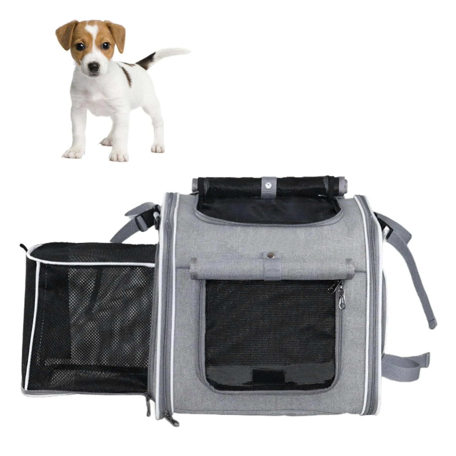 Luocute Panier de Vélo pour Chien, Sac à Dos de Transport Extensible à Côtés Souples avec Support de Guidon Dégagement Rapide et 4 Fenêtres en, pour Chiots de Petite et Moyenne (Grey)