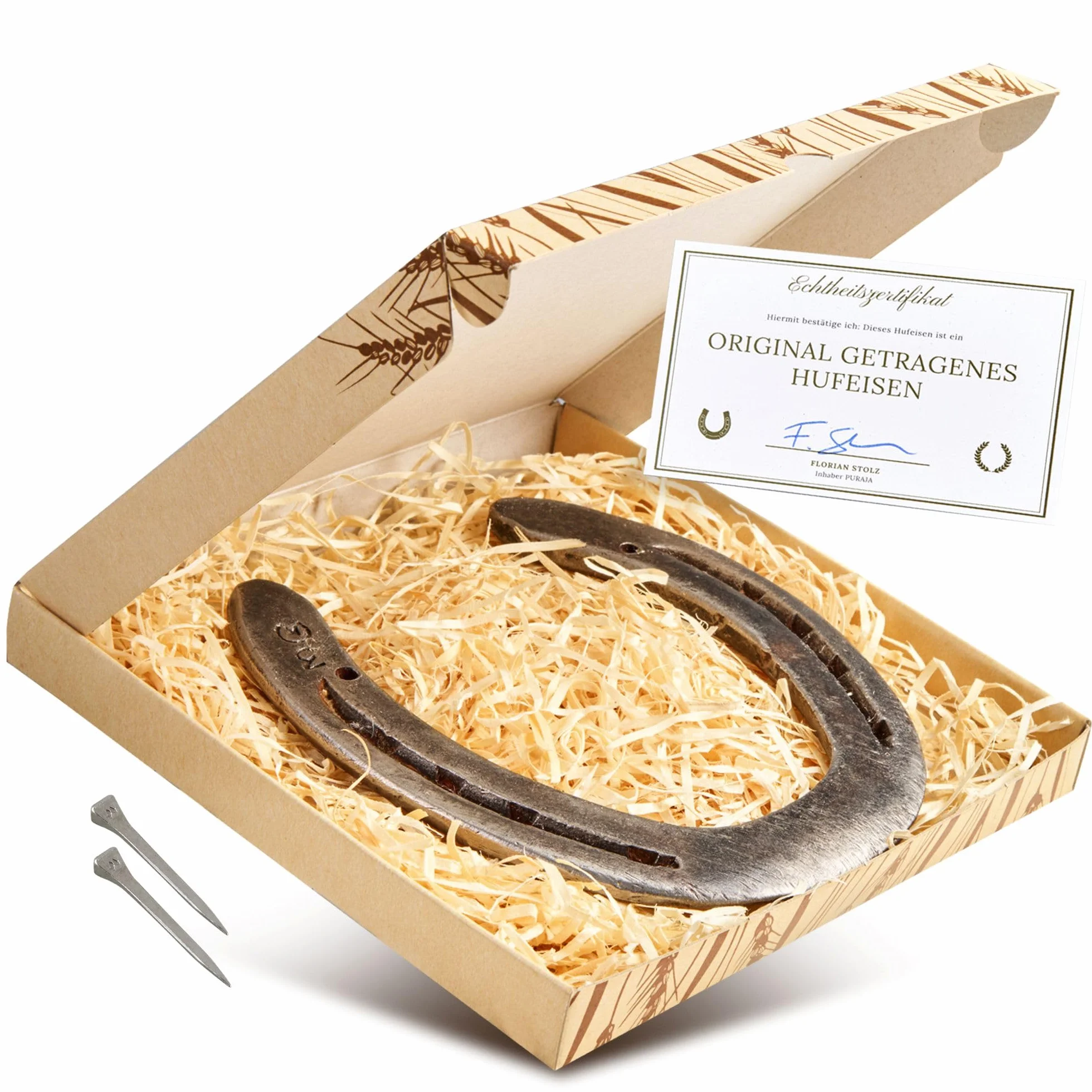 PURAJA Fer à Cheval Cadeau | Véritable Fer à Cheval porté | Porte-Bonheur pour Un Anniversaire, Un emménagement, Une fête, Un Mariage, Un baptême ou Une Naissance | avec Certificat d'authenticité