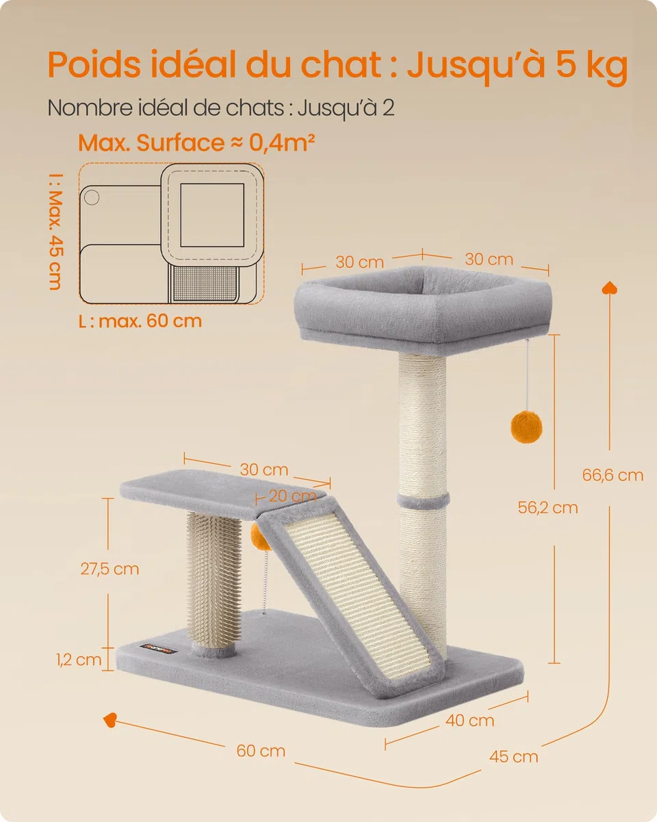 Feandrea Griffoir pour Chat avec Lit, Griffoir Multifonctionnel avec Rampe de Grattage Pivotante, Perchoir, Toilettage Autonome, Pompons, Petit Arbre à Chat, Gris Clair PCA024G01