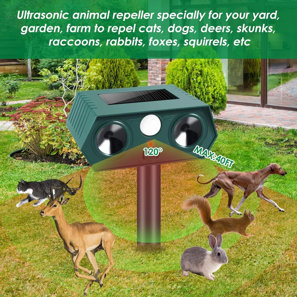 Lot de 2 répulsifs solaires pour chats de jardin - Répulsif solaire à ultrasons avec détection de mouvement - Étanche - Convient pour repousser les chats, les renards, les écureuils, les pigeons