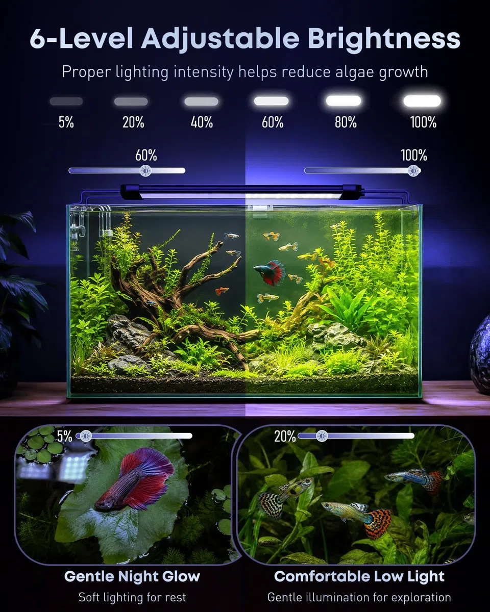 Pawfly Lampe d'aquarium pour plantes, 11 W lumière pour aquarium, spectre complet pour bacs de 30 à 45 cm, lampe LED extensible avec modes jour/nuit & luminosité réglable pour eau douce