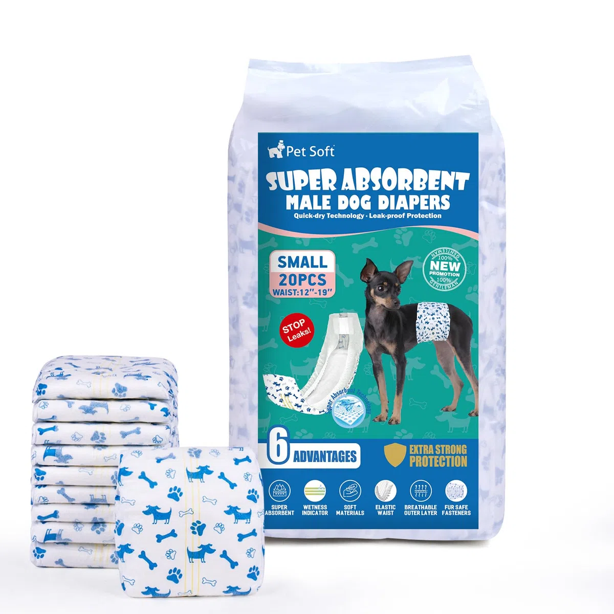 Pet Soft Couche Chien Male, Lot de 20 Couche Petit Chien, Ultra-Absorbantes Couches pour Chiens Incontinent avec Indicateur D'humidité et Anti-Fuite (S-20 Unité)