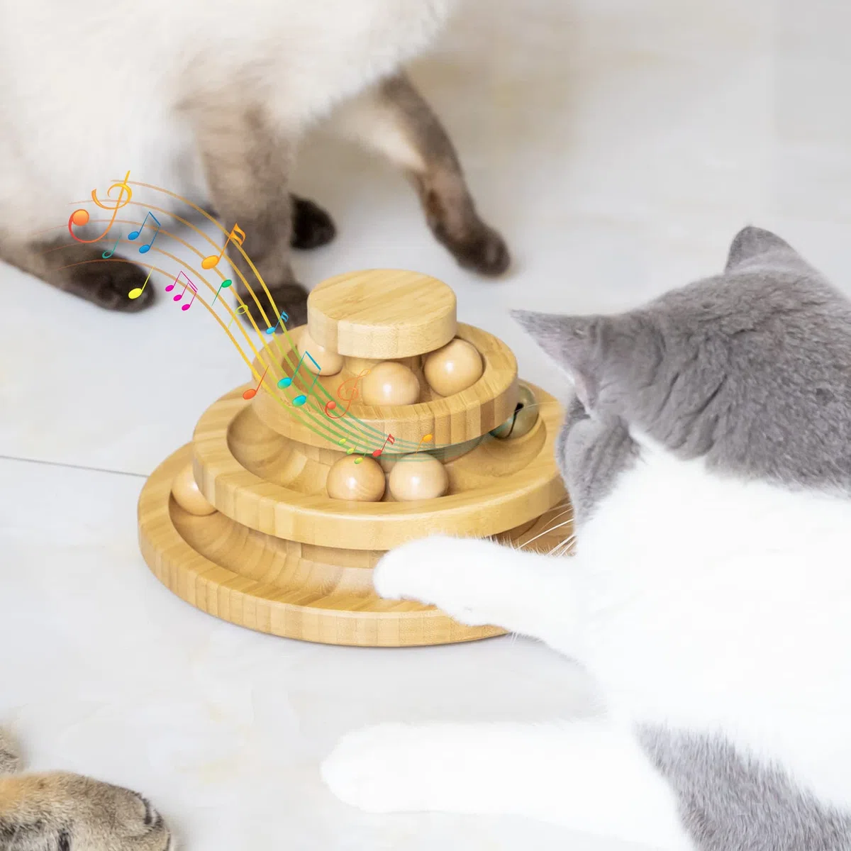 Jouet pour Chat, Jouet Chat Interieur en Bois, Balle Chat Piste détachable, Balle avec Cloche