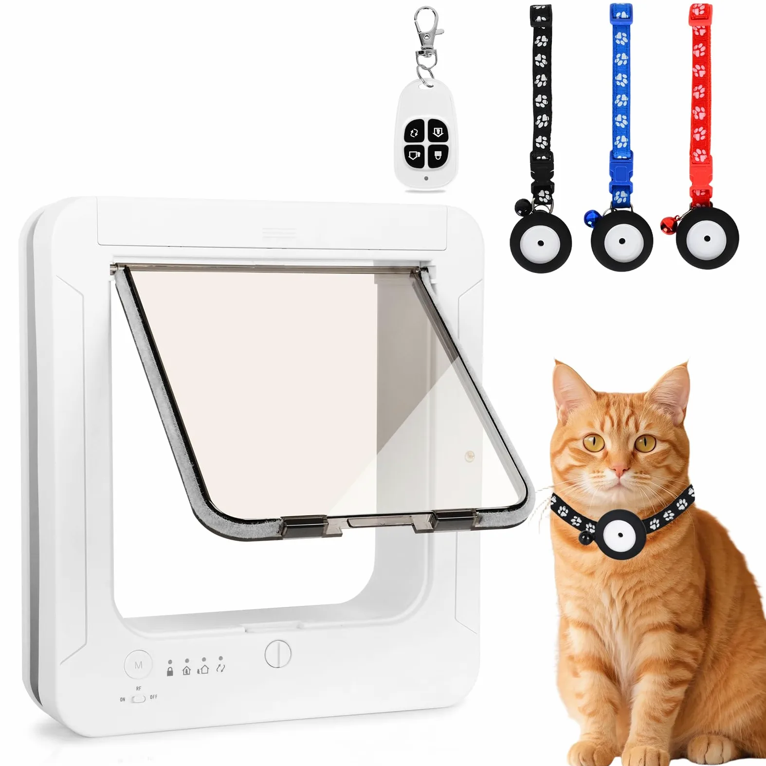 Chatiere pour Chat Puce Electronique, Accès Sélectif pour Votre Chat, Empêche Les Étrangers d'Entrer, Installation Facile, avec 3 Clés de Détection de Collier & 1 Télécommande