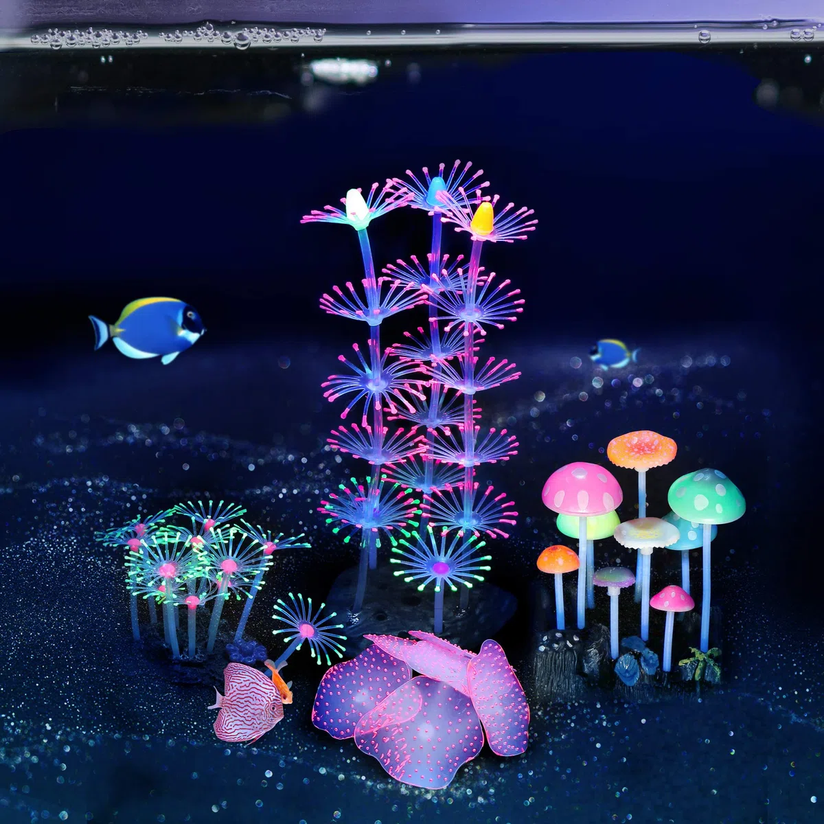 Mangsen Lot de 4 décorations d'aquarium phosphorescentes en Silicone pour décoration d'aquarium - Récif de Corail - Champignon et anémone