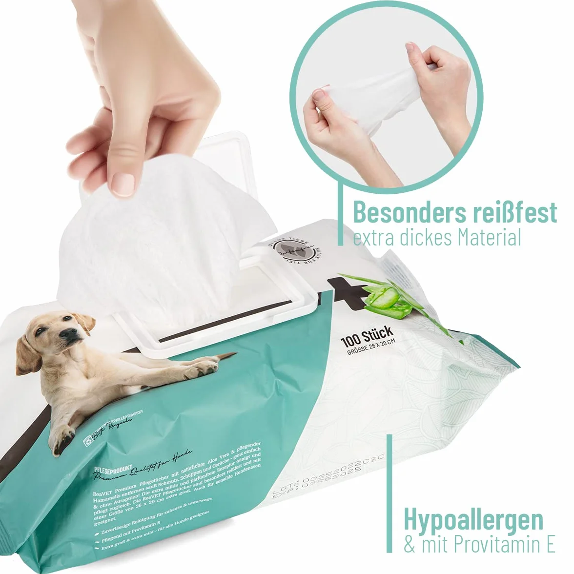 ReaVET lingettes de soin chien, 100 pièces, lingettes humides XXL chien, lingettes de soin chiens, lingettes humides fond de chien, extra larges lingettes nettoyantes hypoallergéniques
