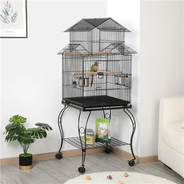 Abician Cage Oiseaux sur Pied avec Toiture Triple-A Cage sur roulettes avec Support Détachable 59 x 59 x 139,5 cm