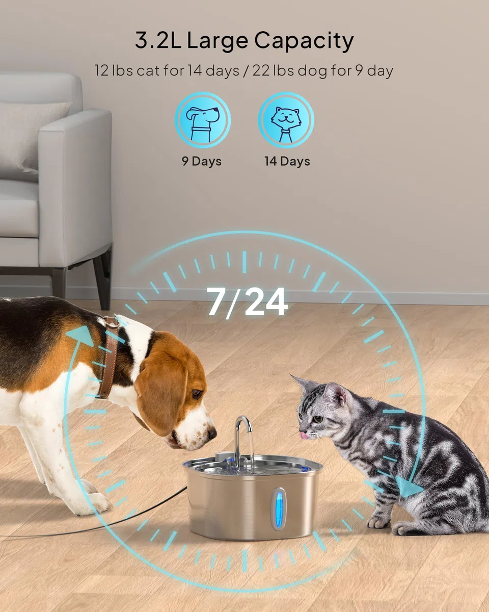 Fontaine à Eau pour Chats PEKTACO en Acier Inoxydable pour Intérieur - Fontaine à Eau Automatique 3,2L avec Fenêtre de Niveau d'eau, Silencieuse, Distributeur d'eau pour Chien