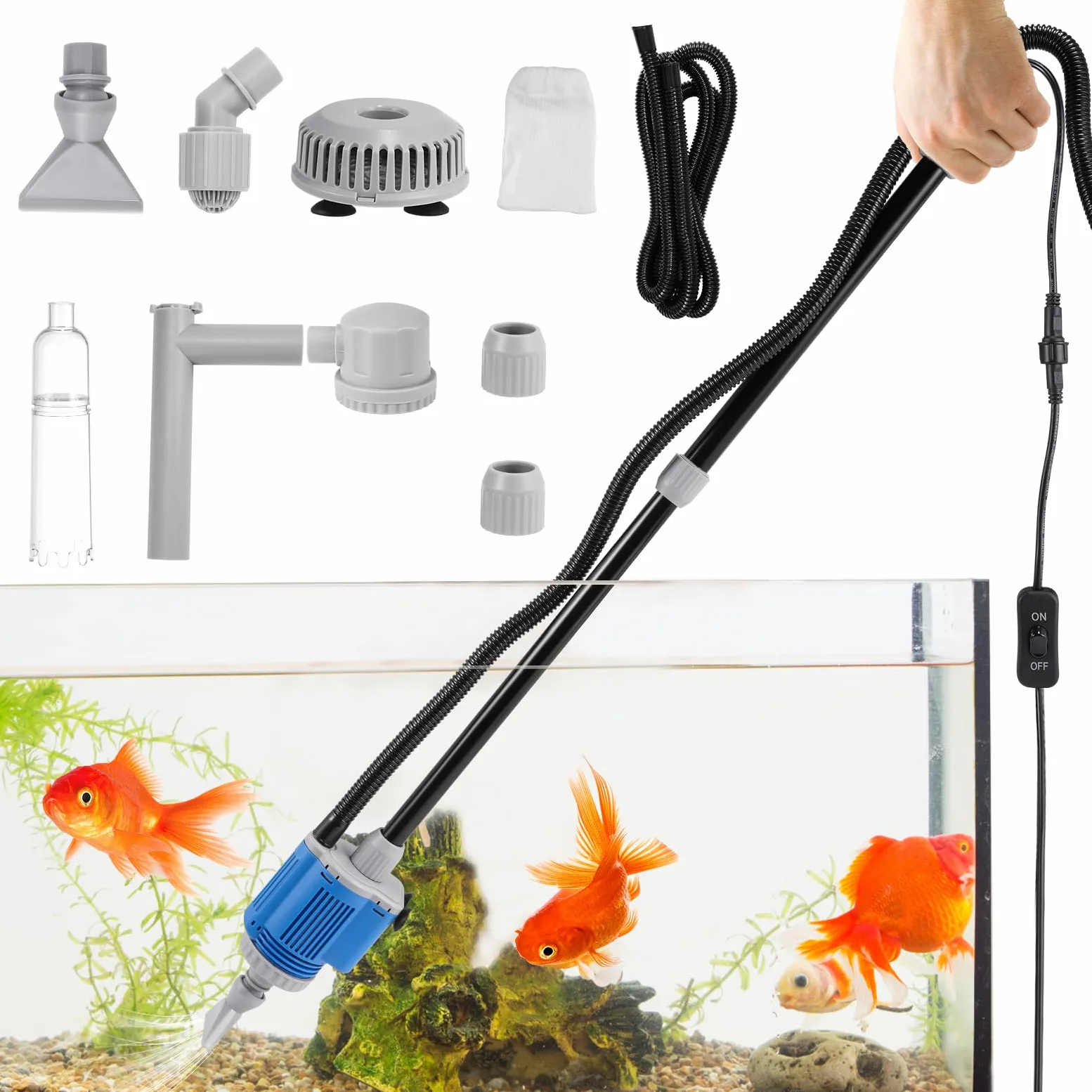 Aquarium Mulmsauger Électrique, Changeur D'eau Automatique 6 en 1, Aspirateur pour Aquarium pour Changement D'eau, Nettoyage du Sable, Élimination de la Saleté, Douche, Filtrage, 20 W/12 V DC