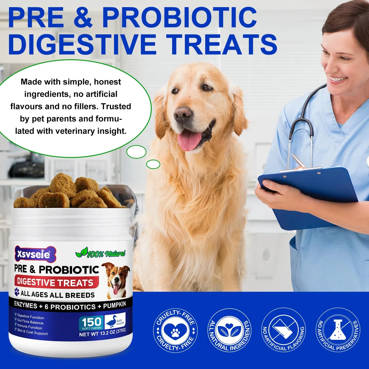 Probiotiques pour Chiens, Digestive Remedies for Dogs, enzymes digestives, santé intestinale, démangeaisons cutanées, Allergies, système immunitaire et Soutien à la santé Globale,150 Chews Duck
