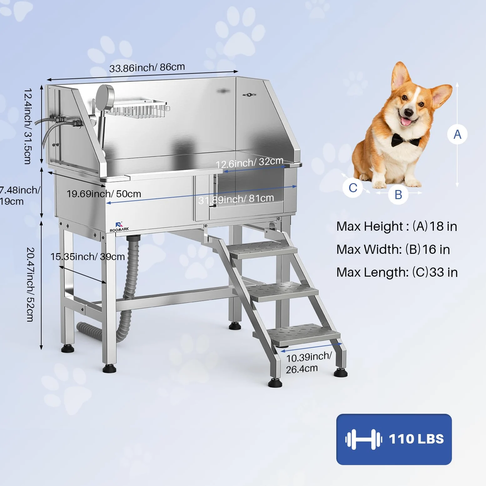 86cm Baignoire pour Animaux, Benoire Professionnelle en Acier Inoxydable, Baignoire avec Drain & Pomme de Douche, Charge Maximale 50 kg, pour Petits Chiens Chats (Porte Gauche)