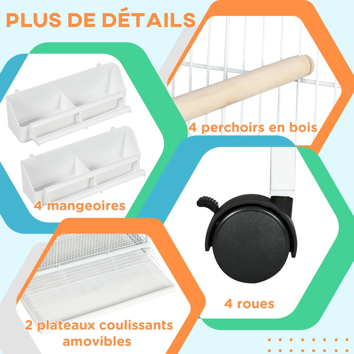 PawHut Volière Cage à Oiseaux sur roulettes Design Maison mangeoires perchoirs Portes Plateaux excréments Amovibles métal Blanc