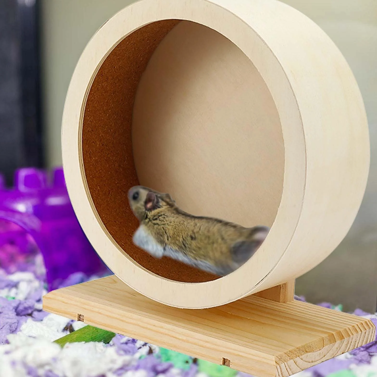 Roue pour hamsters, en bois, Ø 15 cm, avec bande de roulement en liège, silencieuse et pour petits animaux
