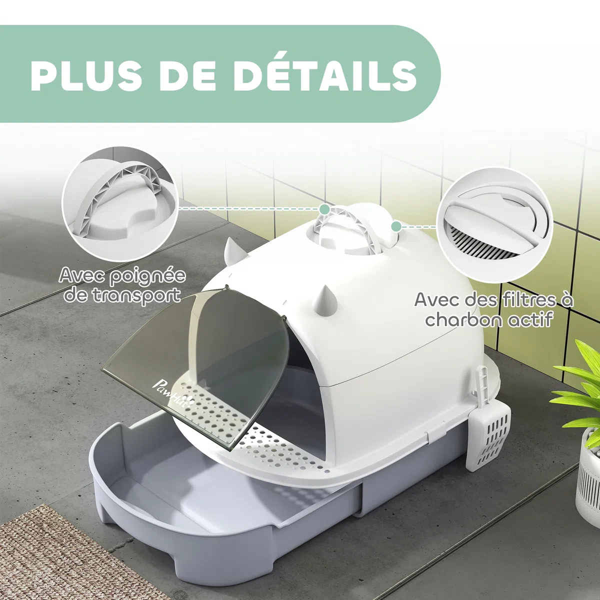 PawHut Maison de Toilette pour Chat, bac à litière fermé Chat, 2 Packs de filtres au Charbon poignée de Transport Porte translucide Nettoyage Facile Gris