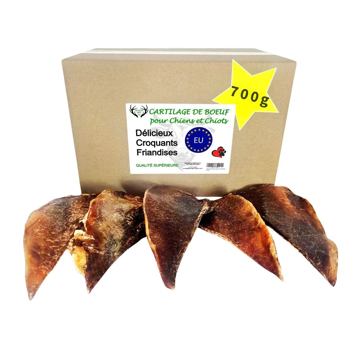 Friandises Naturelles pour Chiens, Cartilage de bœuf – Lot 700g. | Mastication Déshydratée Savoureuse et Saine