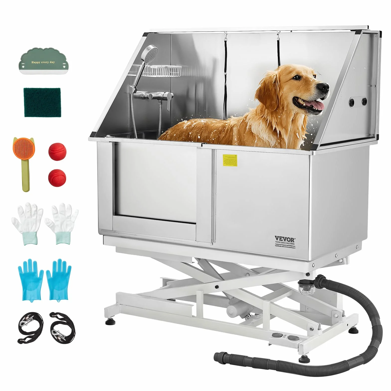 VEVOR Baignoire de Chien Acier Inoxydable, Baignoire de Toilettage Électrique pour Animaux de Compagnie 127 cm Station de Lavage Chat, avec Panneau Filtre Eau, Robinet, Pommeau de Douche, Porte Gauche