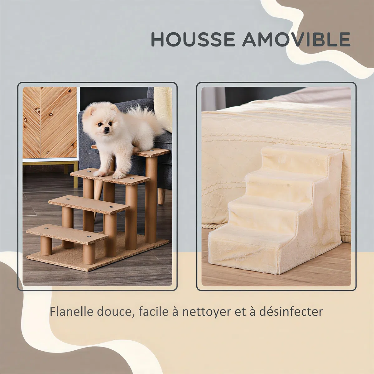 PawHut Escalier pour Chien à 4 Marches, Escalier pour Chat, Échelle Antidérapante pour Animaux de Compagnie, Housse Amovible et Lavable, 60 x 35 x 44 cm, Beige