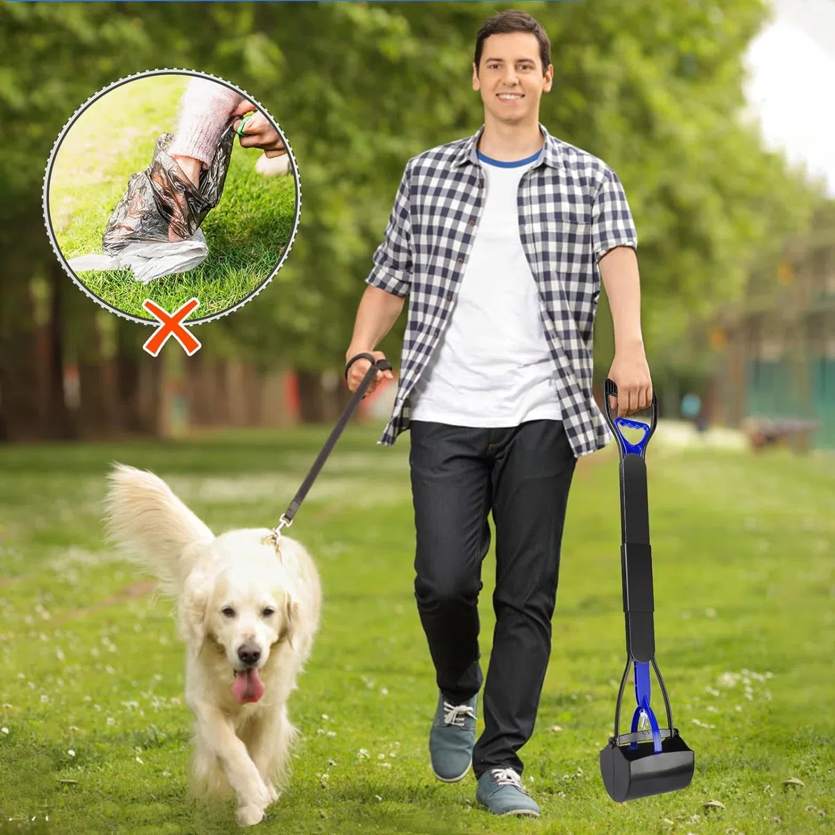 Trottinette à déjections canines de grande taille avec poignée de 81,3 cm de long pour nettoyer les déchets d'animaux ou les déchets de jardin, pas besoin de s'arrêter
