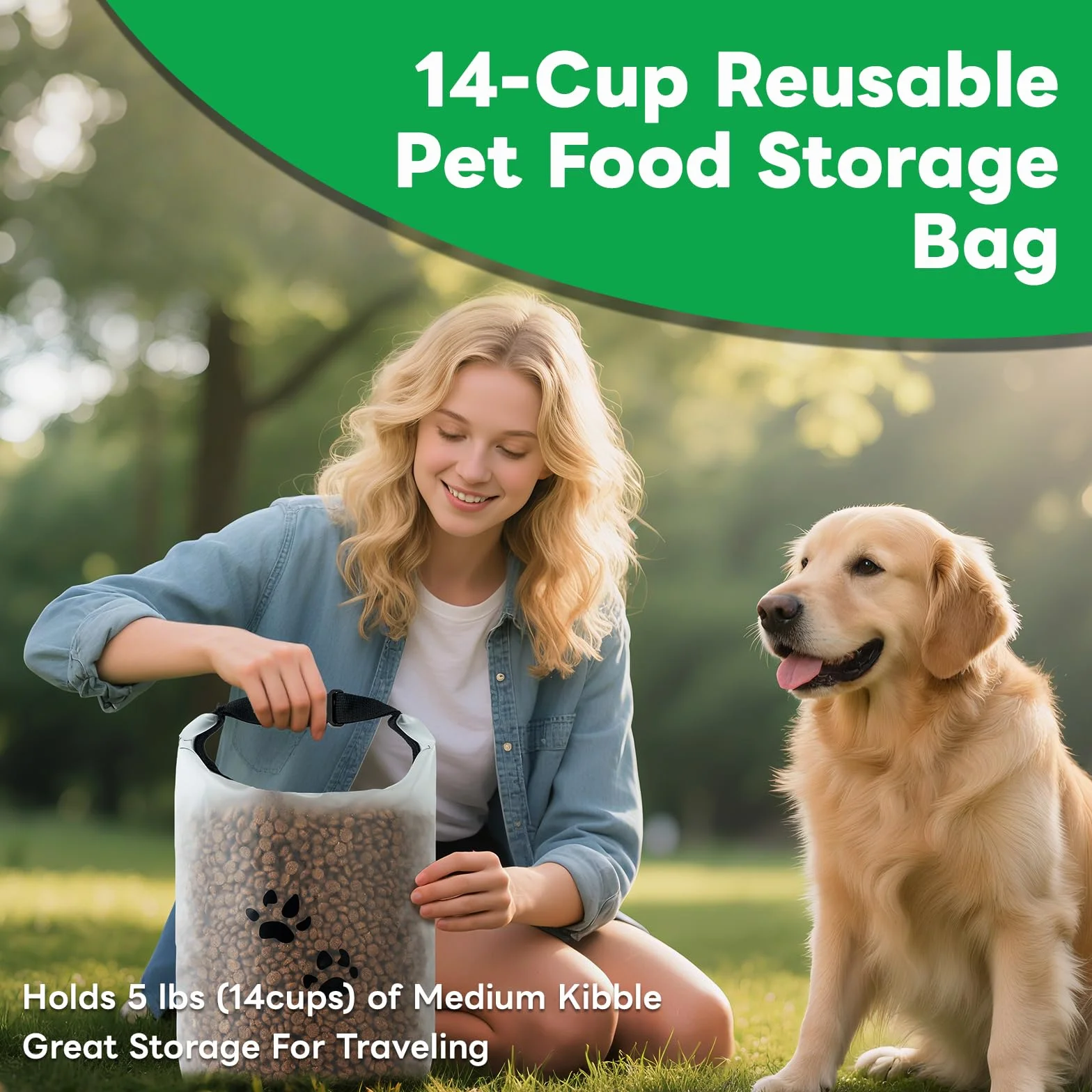 Sac de voyage pour nourriture d’animaux, contenant à croquettes avec fermeture roll-top, sans BPA et alimentaire, conserve la fraîcheur en camping, en pension canine ou pour les escapades du week-end