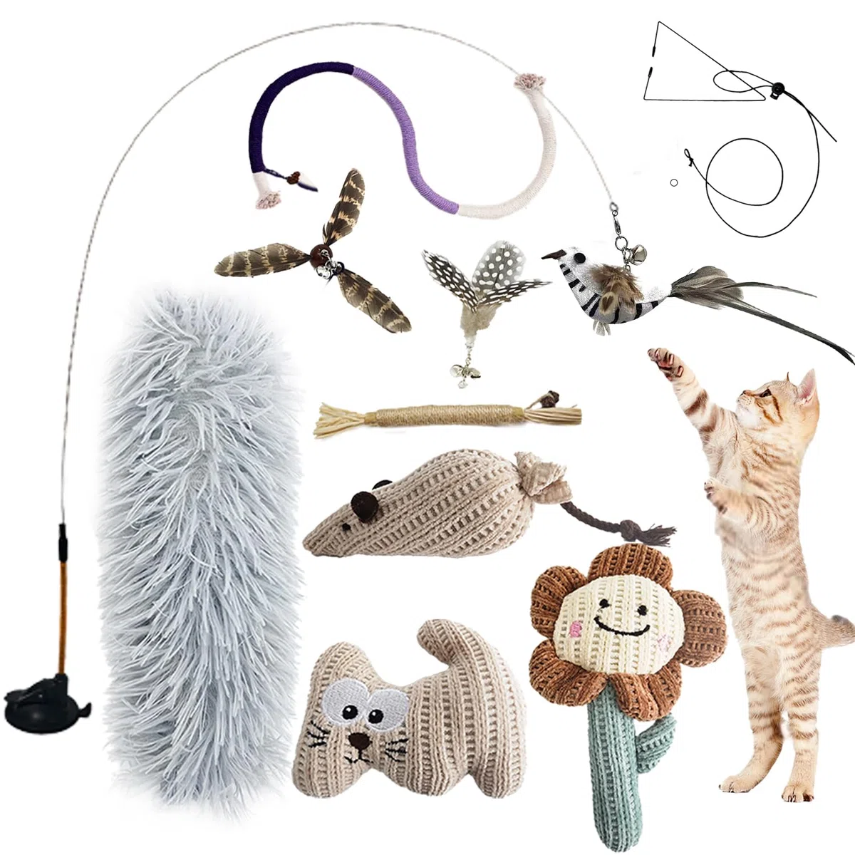 7-en-1 Jouet Chat Interactif, Ventouse Collante Lavable, Jeu pour Chat Oiseau Qui Bouge Interieur, Jouets Suspendus pour Chats, Bâtonnets Herbe à Chat et Corde à Mâcher, Oreiller en Peluche