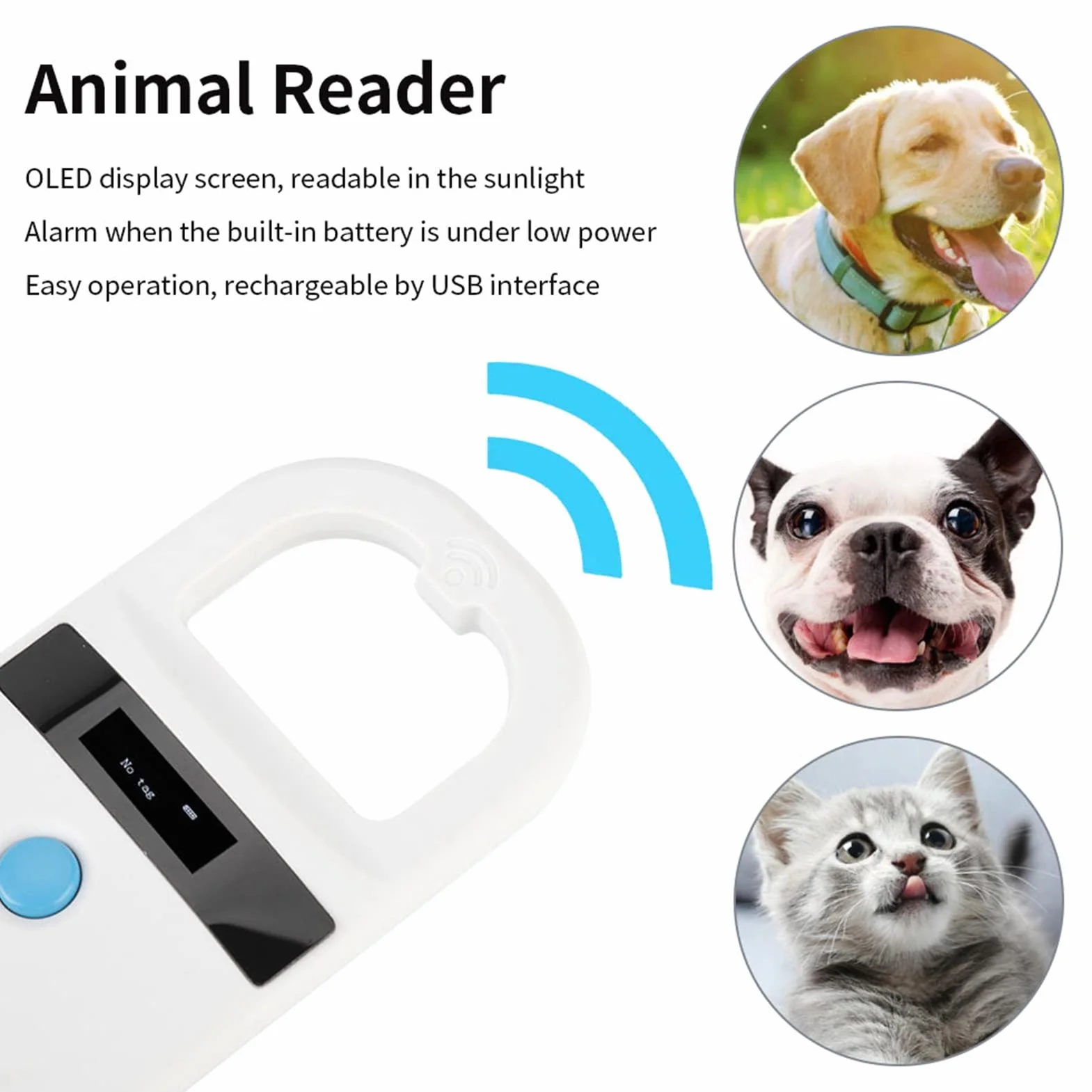 Lecteur de Puces électroniques EMID 134.2Khz/125Khz Scanner de Puces Animales Rechargeable Standard Scanner D'identification de Puces pour Animaux de Compagnie FDX-B (ISO 11784/11785), pour Animaux/an