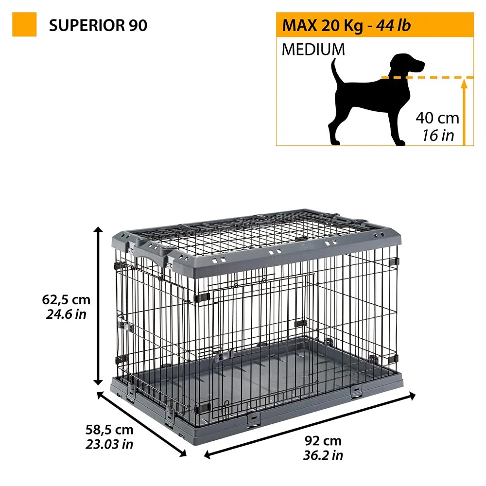 Cage Pliable pour chiens de taille moyenne SUPERIOR 90 Clôture métallique, avec Séparateur, Double verrouillage
