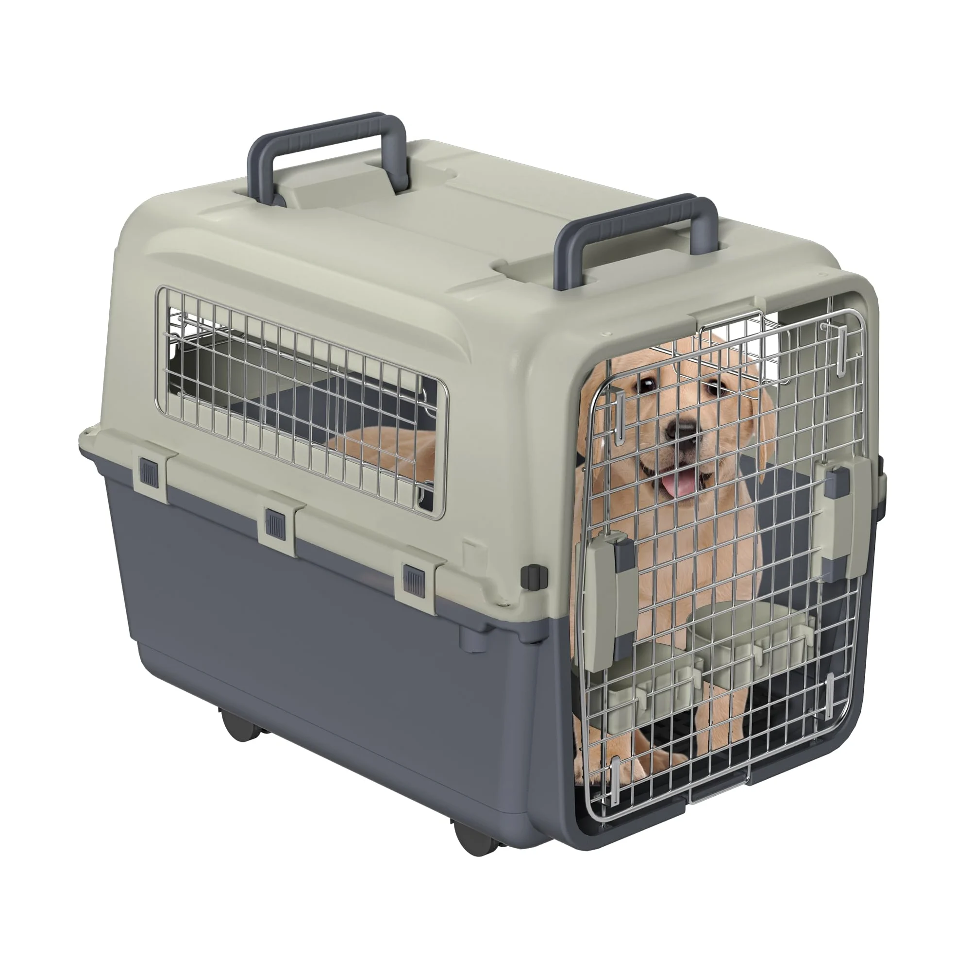 FIVMEN Cage de transport pour chien 67 x 51 x 58,5 cm avec roulettes et fenêtres en fer, portes, caisse de transport pour animaux, avion, voiture, voyage et transport