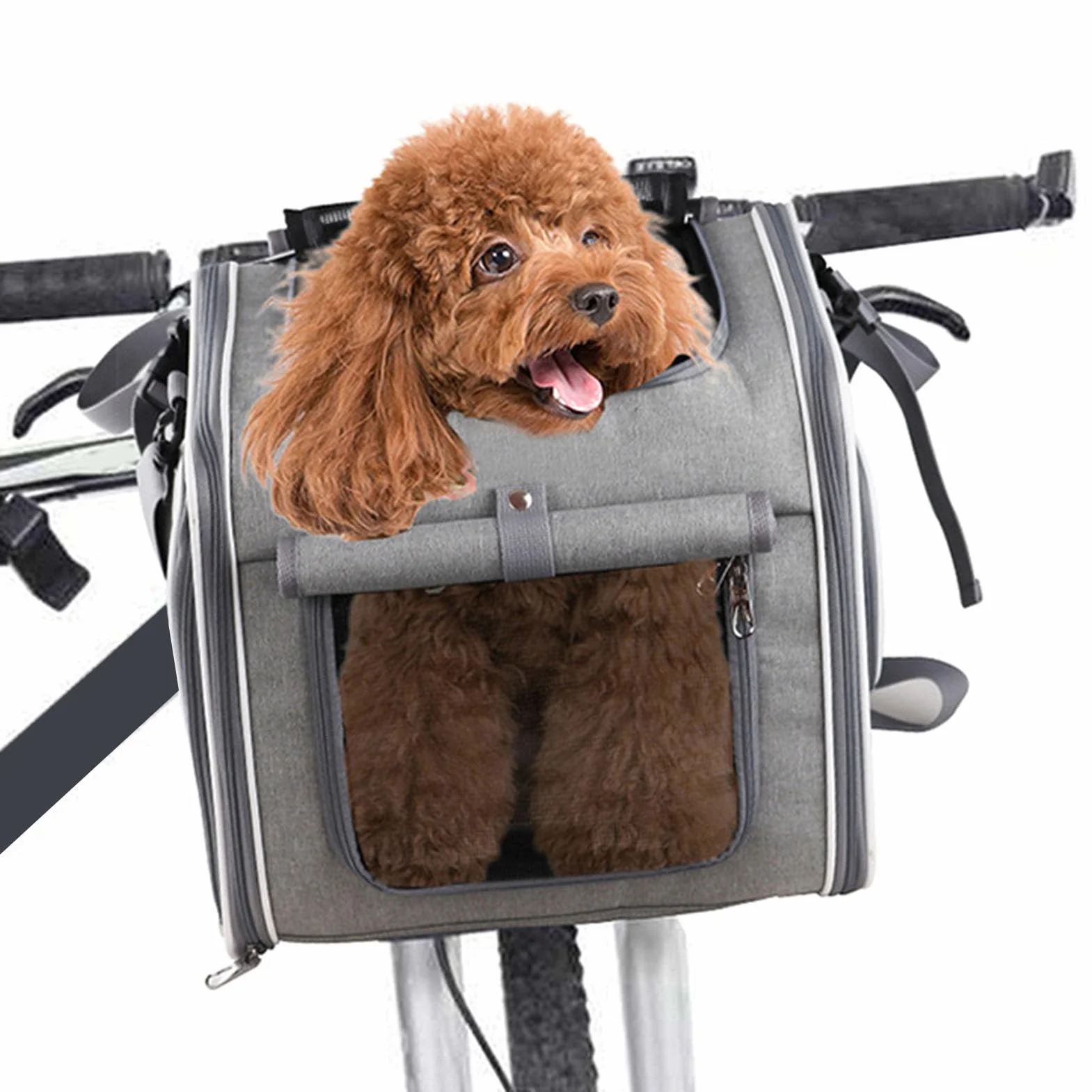 Luocute Panier de Vélo pour Chien, Sac à Dos de Transport Extensible à Côtés Souples avec Support de Guidon Dégagement Rapide et 4 Fenêtres en, pour Chiots de Petite et Moyenne (Grey)