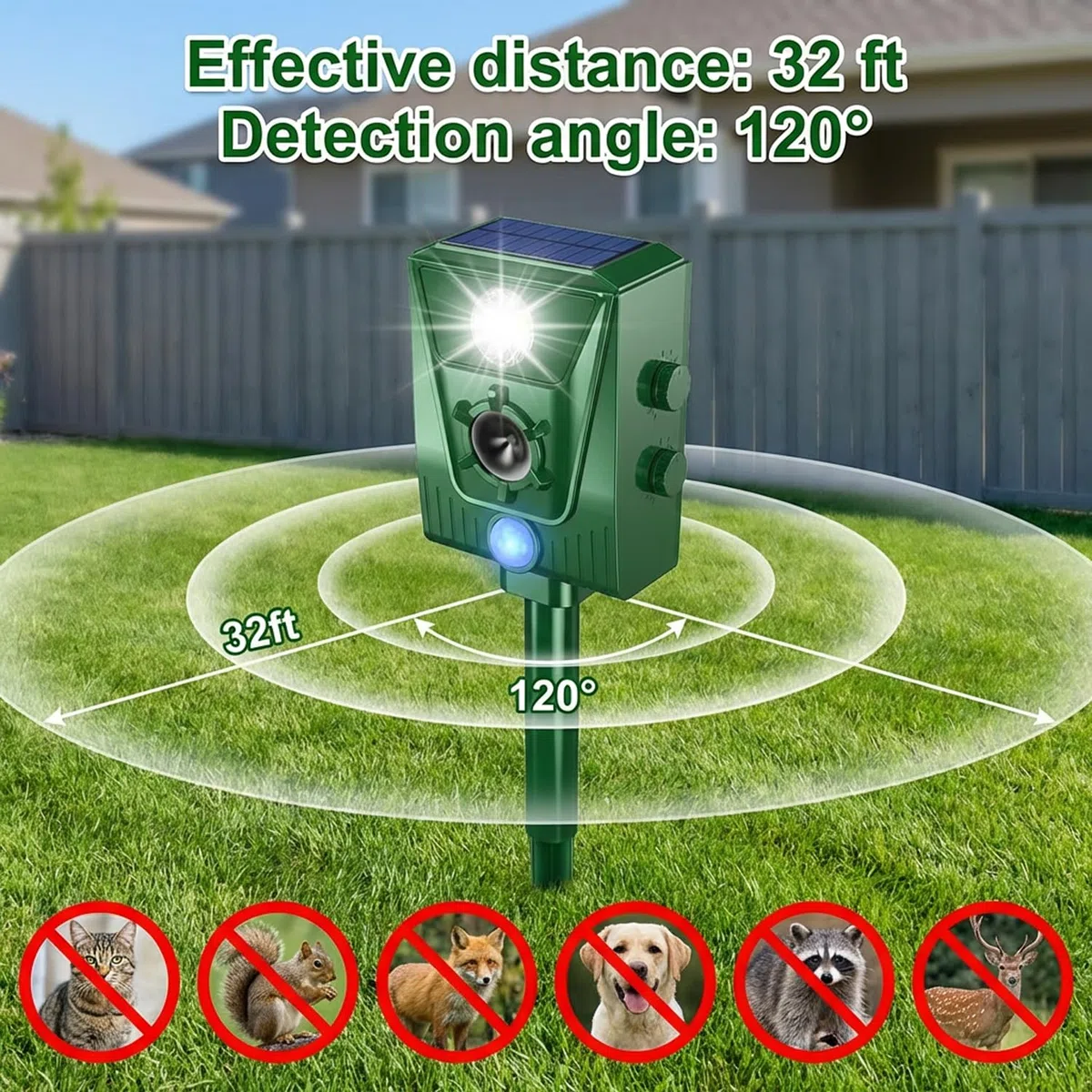 EMS Répulsif pour Chats,répulsif à ultrasons à énergie Solaire IP66 étanche à fréquence réglable pour éloigner Les Animaux, 5 Modes réglable, pour Animaux à ultrasons Vélo