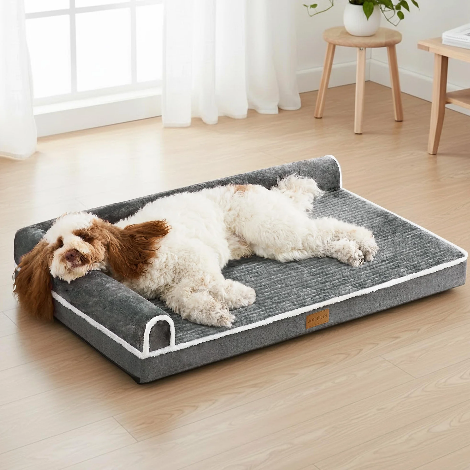 Panier Chien Grande Taille Orthopédique, Lit Matelas Chien en Forme L, Coussin Déhoussable Lavable en Machine, houssable Imperméable, Base antidérapante, 91x61cm, Gris