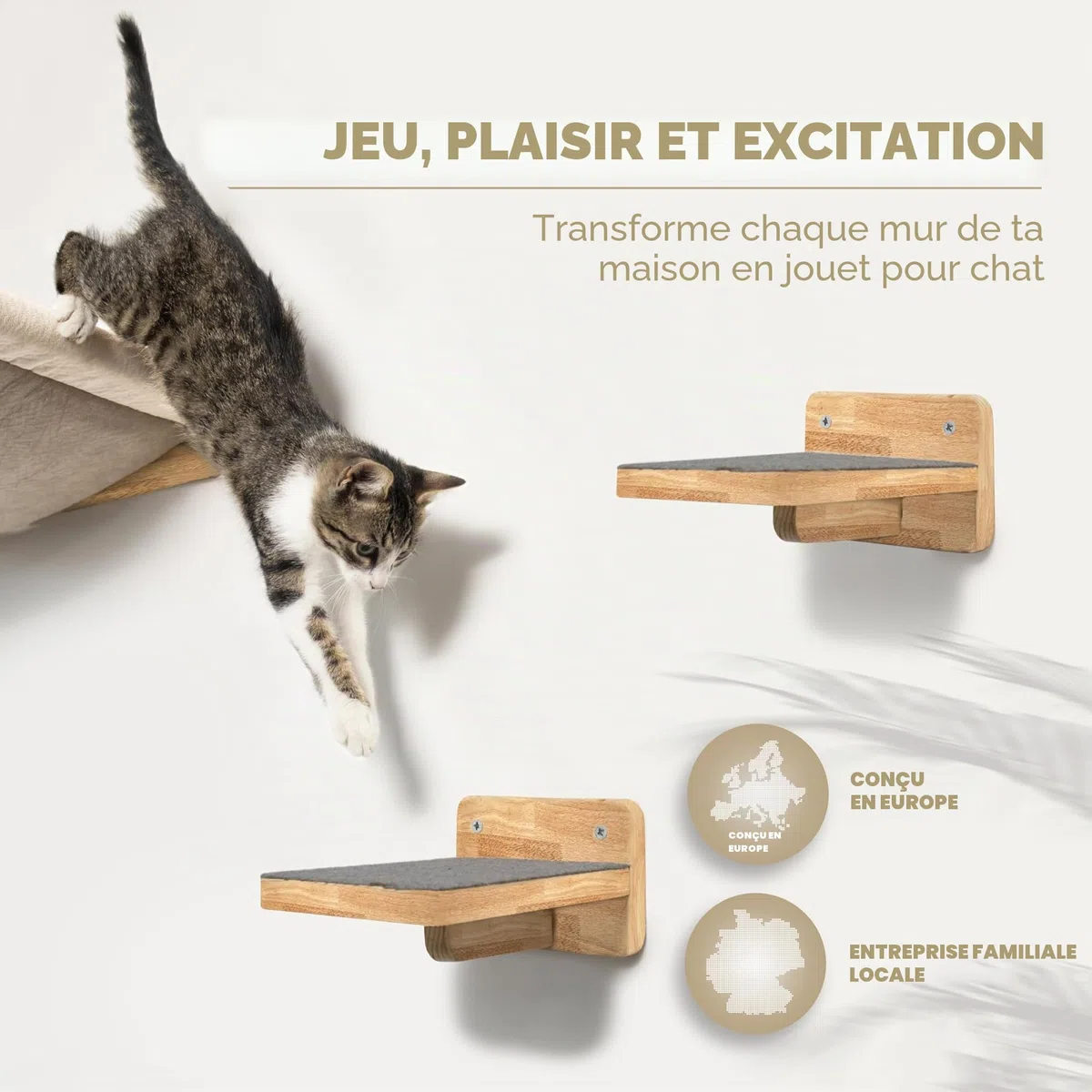 WOOWOOD® Mur d'escalade pour chats avec 2 escaliers muraux en bois massif - Hamac pour chat - Arbre à chat - Meubles pour chats