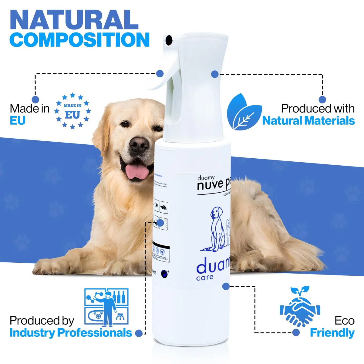 NUVE PETS Éliminateur d'odeurs d'animaux domestiques, désodorisant écologique sans gaz propulseur ni produits toxiques. Neutralise les odeurs. Anti-odeur pour l'urine des chiens et des chats. 500ml