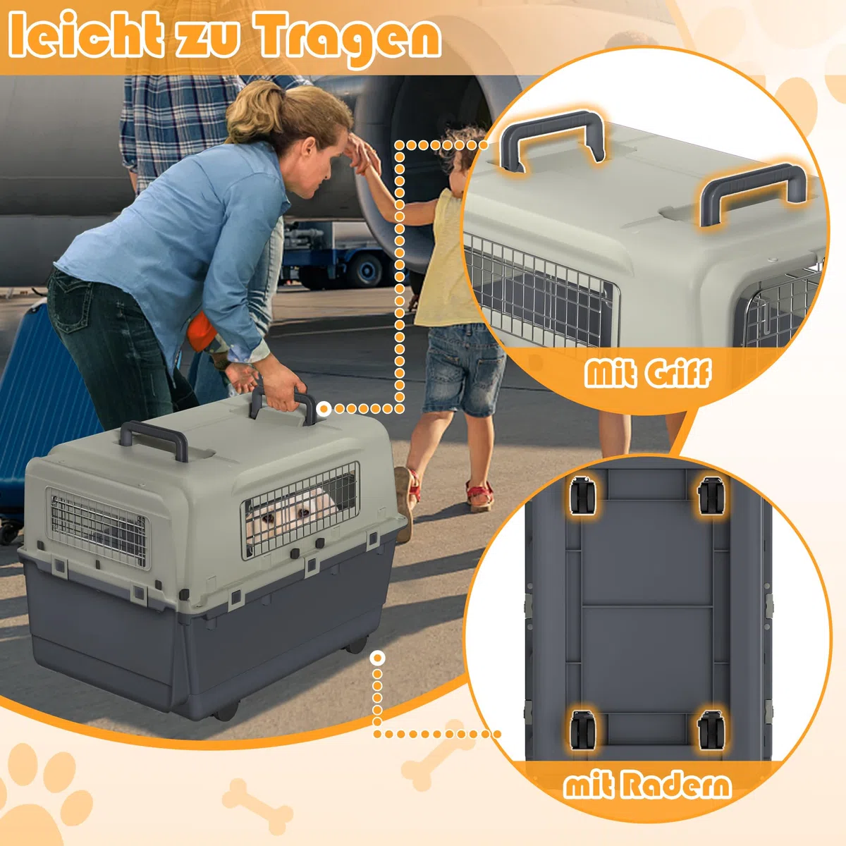 FIVMEN Cage de transport pour chien 67 x 51 x 58,5 cm avec roulettes et fenêtres en fer, portes, caisse de transport pour animaux, avion, voiture, voyage et transport