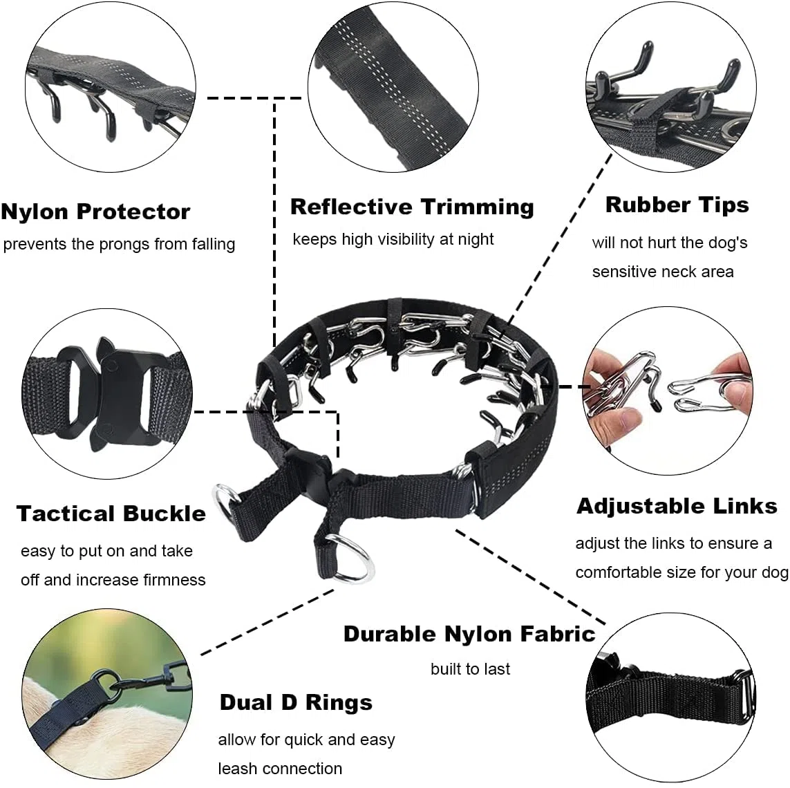 Collier de Dressage à Griffes pour Chien, Collier de chaîne réglable avec Embouts de Confort et Boutons-Pression à dégagement Rapide (XL)