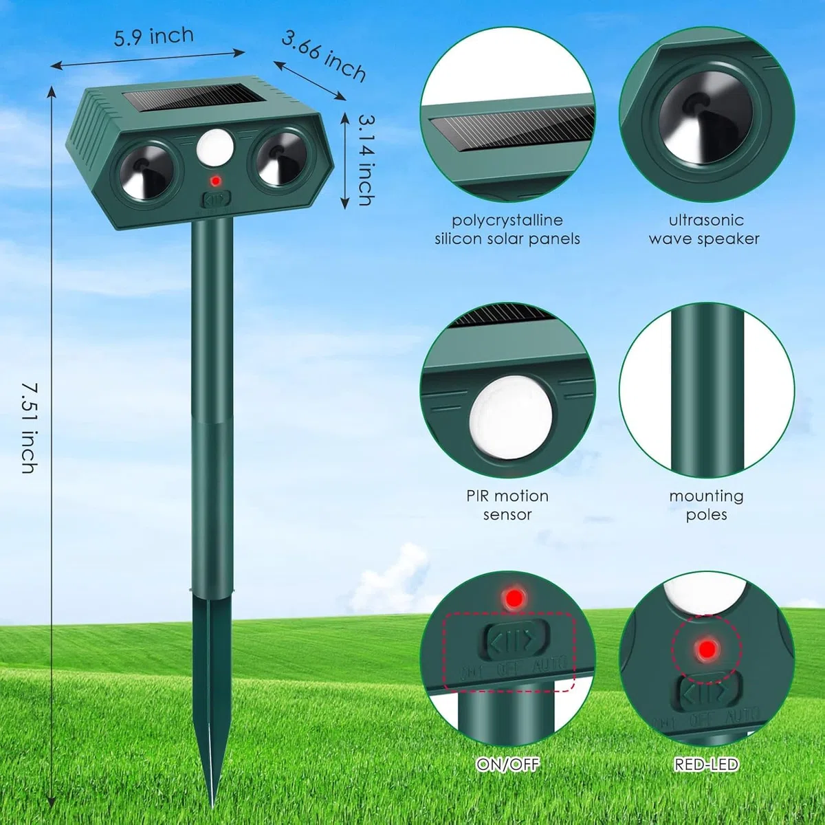 Lot de 2 répulsifs solaires pour chats de jardin - Répulsif solaire à ultrasons avec détection de mouvement - Étanche - Convient pour repousser les chats, les renards, les écureuils, les pigeons