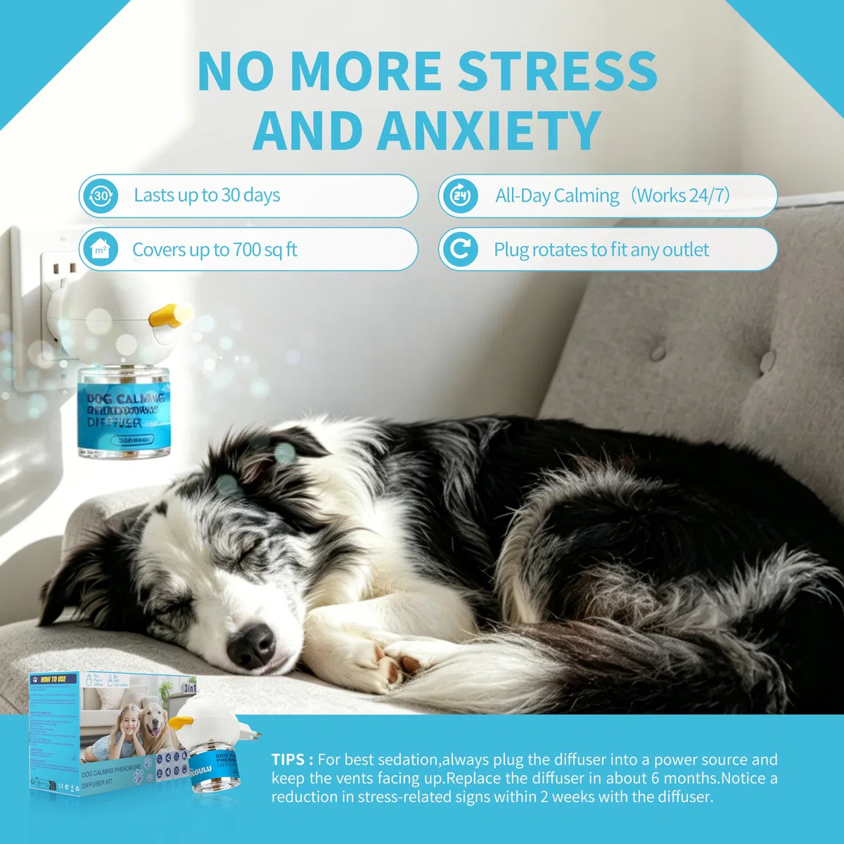 Diffuseur de Phéromones Apaisant pour Chien, Kit 1 Diffuseur + 2 Recharges 48ML, Anti-Stress et Anti-Anxiété, Réduit Aboiements et Comportements Destructeurs, Effet Continu Jusqu’à 60 Jours, Couvertur