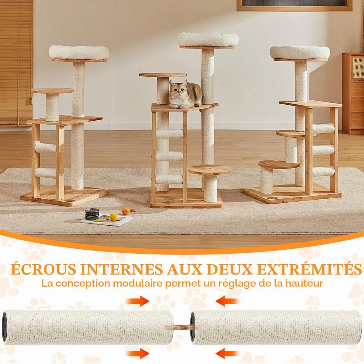 Tronc de rechange pour griffoir en sisal, diamètre 7 x 34 cm, accessoire pour griffoir en sisal, hauteur 70 cm, avec vis M8 et clé anglaise