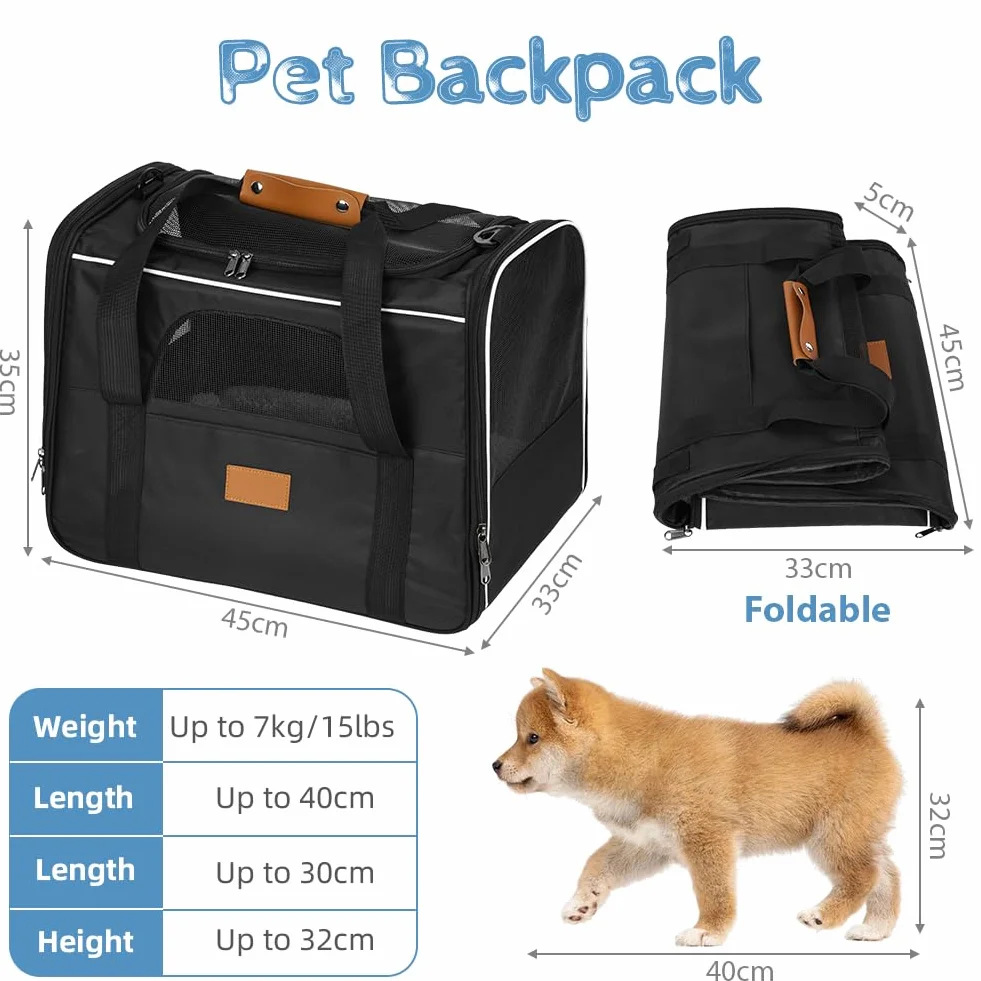 Sac Transport Chat Chien,Cage de Transport XL Anthracit,Respirant et Pliable,Bandoulière Réglable,Sac Voyage Chat avec Matelas en Peluche Amovible + Bol,Approuvé par Les Compagnies Aériennes
