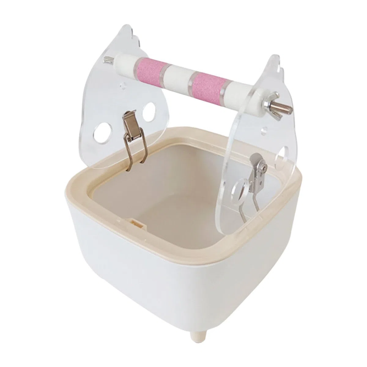 Support de Toilette pour Perroquet, Perchoir, Station de Nettoyage des Déjections, Poubelle en Acrylique, Station D'entraînement de Table avec MEU, Rose