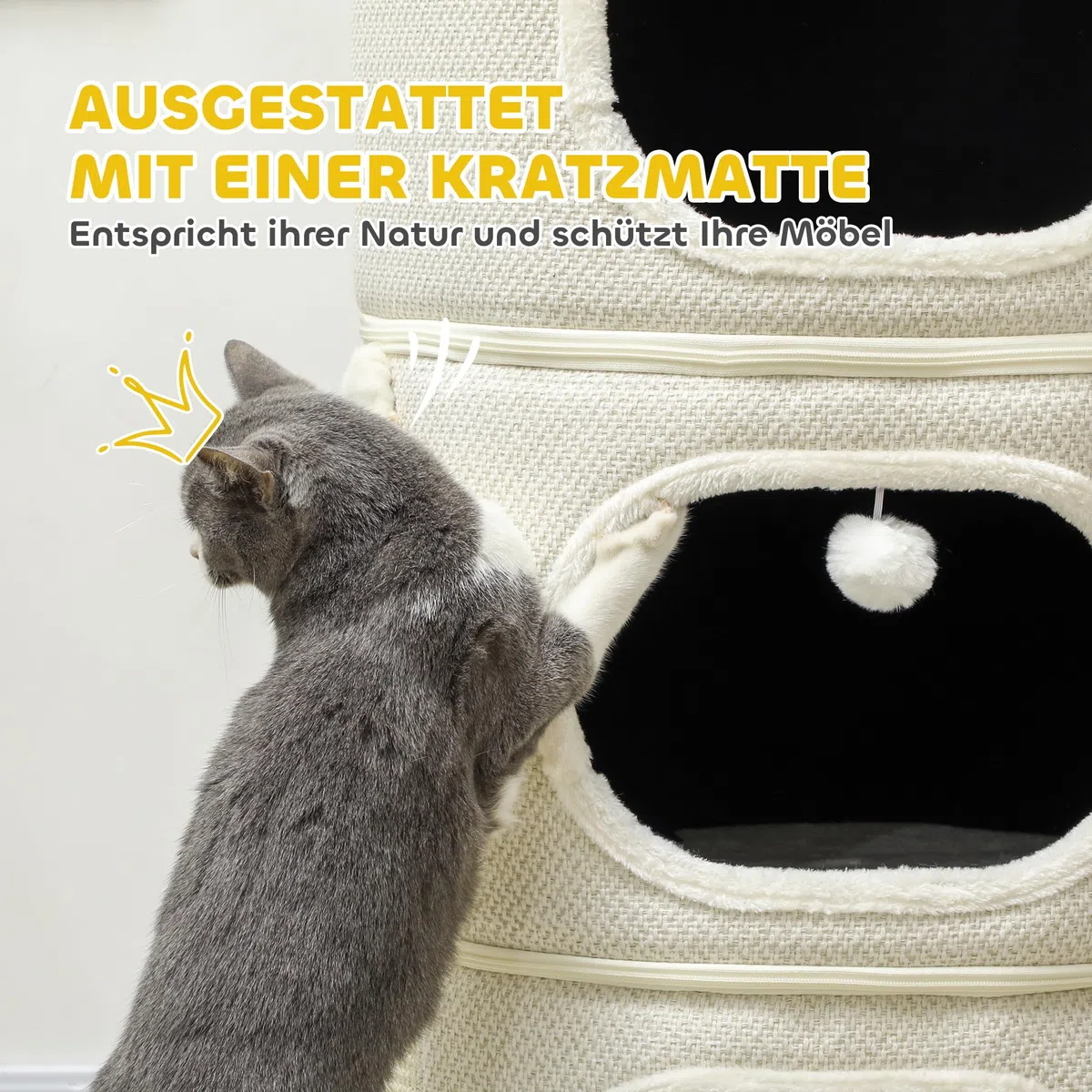 PawHut Tonneau à griffer, 100 cm de Haut Tonneau à Chat avec 3 cavités, Arbre à Chat avec balles de Jeu, Tour pour Chats en sisal, pour Chat jusqu'à 6 kg, Beige+CrèmeBlanc