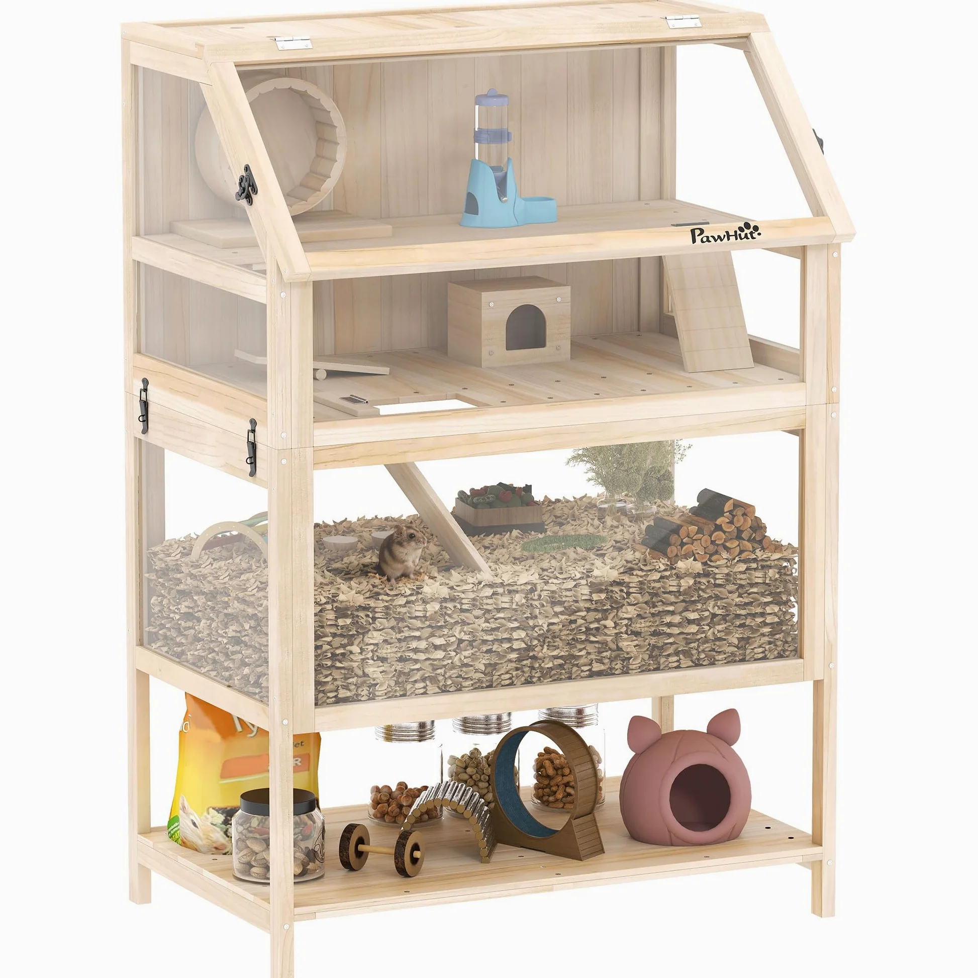 PawHut Cage pour Hamster en Bois XXL - Habitat pour Rongeur 3 étages avec Panneau Acrylique et Roue - Maison Petit Animal de Luxe avec Accessoires et étagère de Rangement, 80x53x117cm, Effet Bois