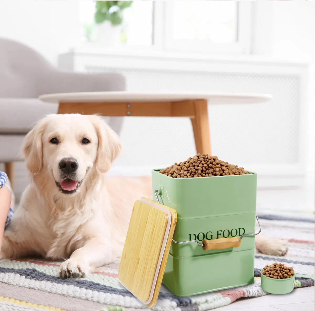 Boîte de rangement en métal pour chien - 6 l - Avec couvercle en bois, poignée et pelle - Boîte de conservation hermétique pour nourriture sèche et collations - Boîte à friandises - Vert armée