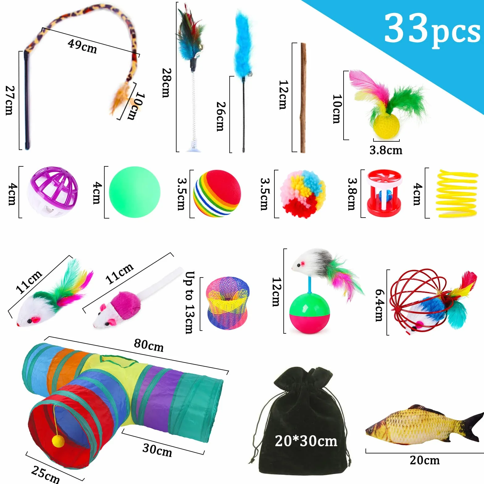 Jouets Chat,33pcs Jouet pour Chat,Jouets pour Chats Interactif Jeux Chaton avec Tunnel,Poisson,Souris,Plume,Balle Jeux Chaton,Kit de Jouets Interactifs pour Chats