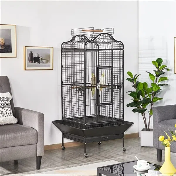Abician Grande Cage Oiseaux pour Perroquet Grande Cage à Oiseaux exquise avec Toit Ouvrable 81 x 77 x 154 cm Noir