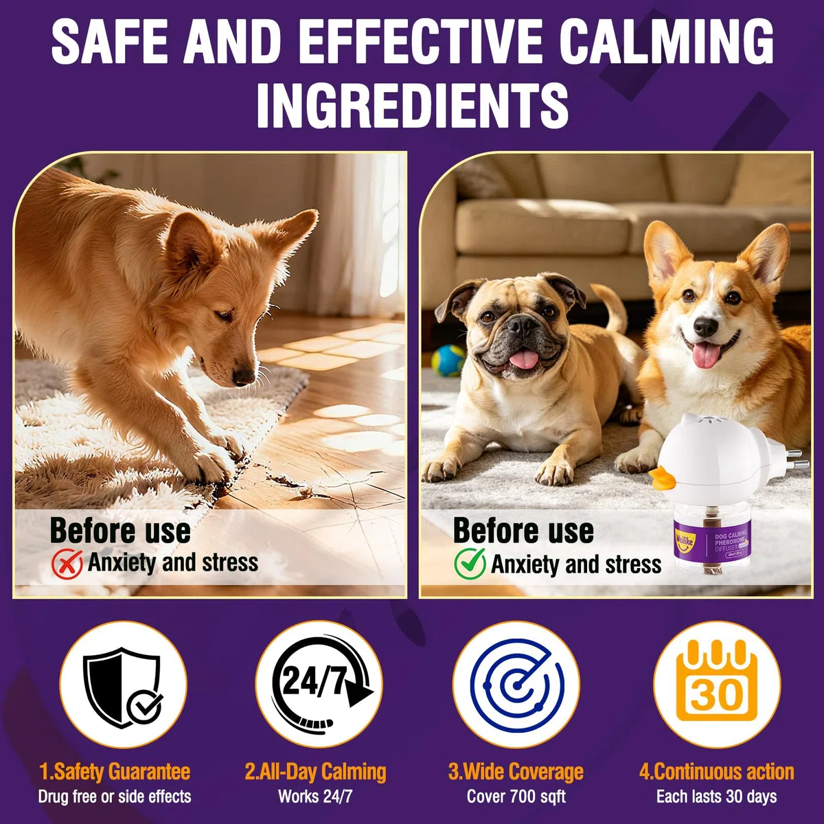 Diffuseur De Phéromones Apaisantes pour Chiens,Soulagement Naturel De L'anxiété,Réduit Le Stress Et Favorise La Relaxation,Formule Sûre Et Efficace,2 Recharges (3 Ricariche+1 Diffusore)