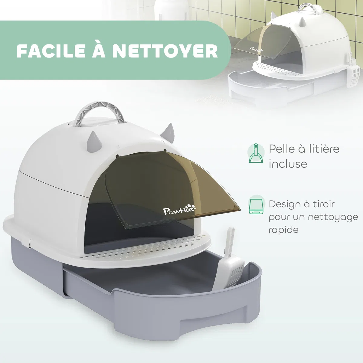 PawHut Maison de Toilette pour Chat, bac à litière fermé Chat, 2 Packs de filtres au Charbon poignée de Transport Porte translucide Nettoyage Facile Gris