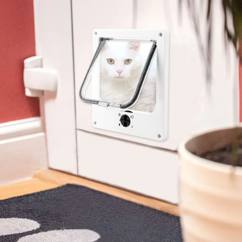 EASY JOY Chatière pour Chat, Chatière Magnétique à 4 Voies pour Chats et Petit Chiens, Facile à Installer, Porte pour Animaux Coulissant Manuel sur Mur/Bois/Porte en UPVC (Blanc,L)